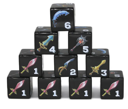 (Black) Sword Dice | Printed d6 Dice Featuring Fantasy Weapons Numbered