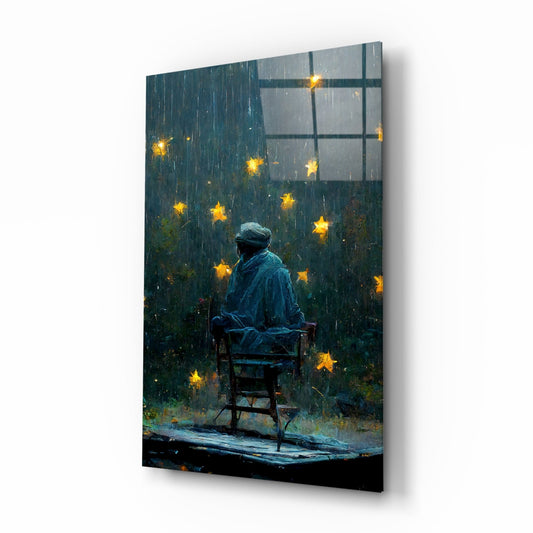 Rainy Night Glowing Stars Seated Man Glass Wall Art