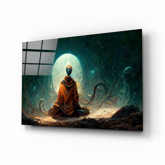 Orange Robed Monk Under Teal Moon Glass Wall Art