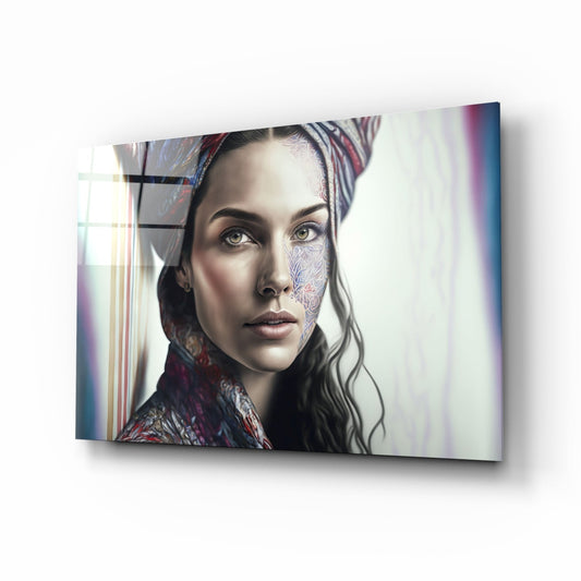 Paisley Scarf Woman Floral Face Tattoo Glass Wall Art