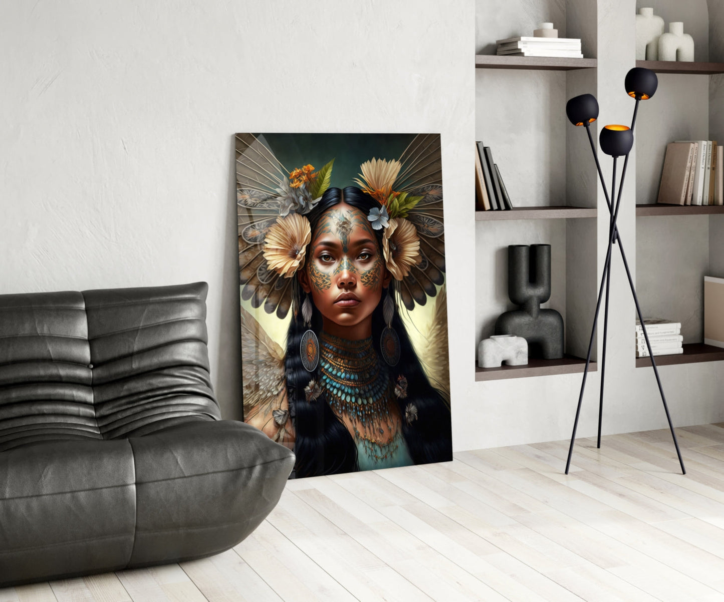 Turquoise Beaded Winged Flower Maiden Glass Wall Art