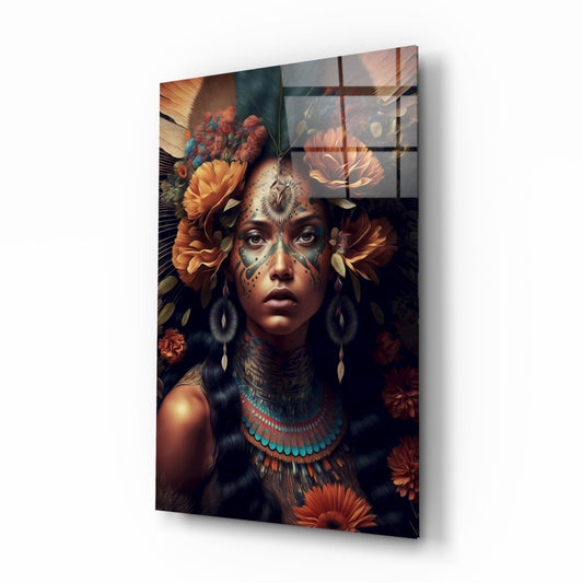 Orange Roses Green Feather Crown Woman Glass Wall Art