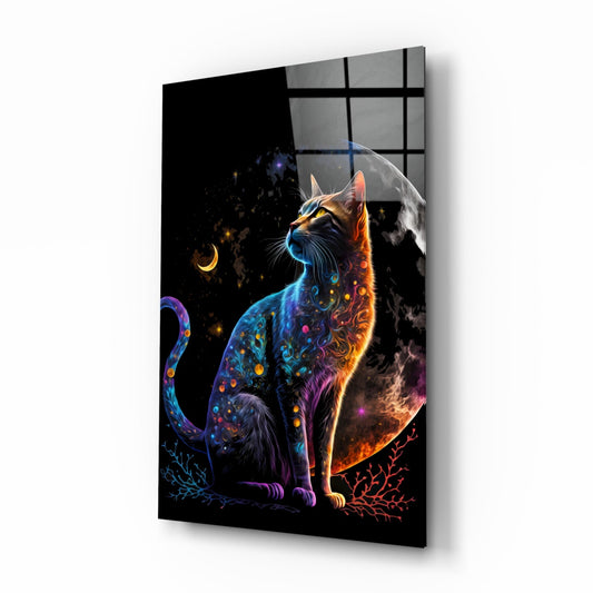 Jeweled Cat Under Crescent and Full Moon Glass Wall Art