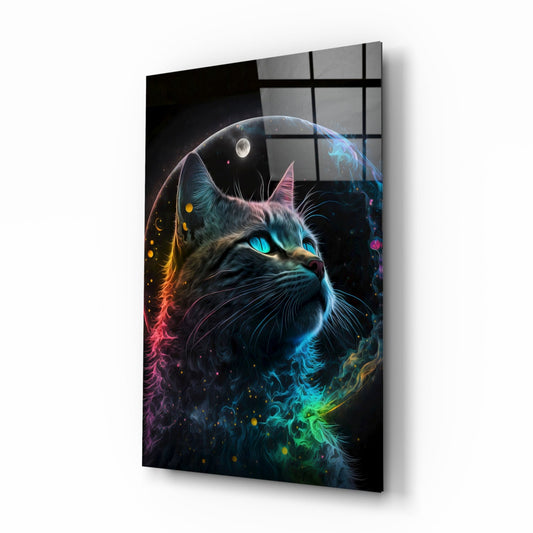 Rainbow Neon Fur Cat Moon Portrait Glass Wall Art