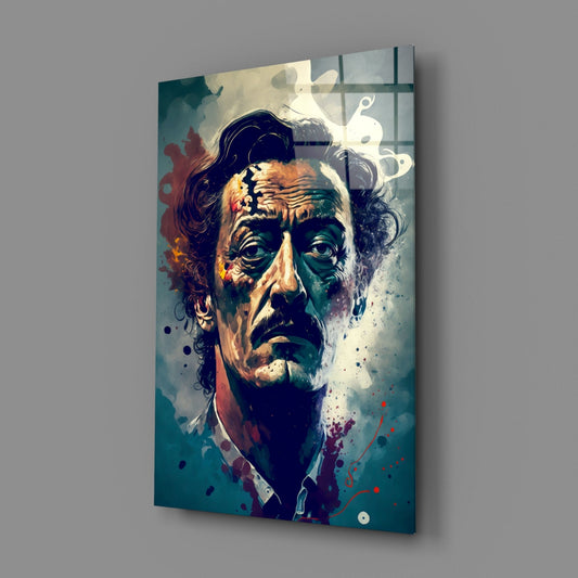 Wild Haired Surreal Man Teal Splatter Glass Wall Art