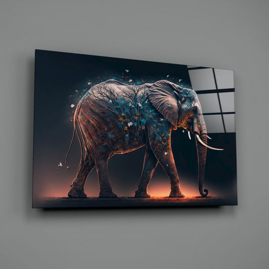 Blue Blossom Branch Walking Elephant Glass Wall Art