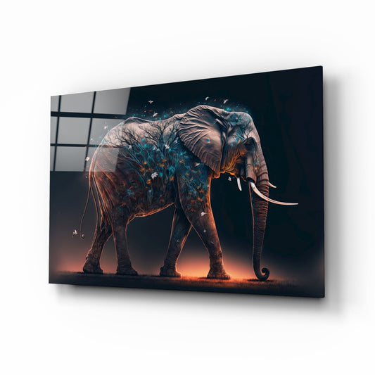 Blue Blossom Branch Walking Elephant Glass Wall Art