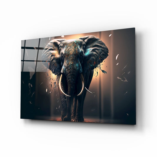 Front Facing Tusker Elephant In Mist Glass Wall Art