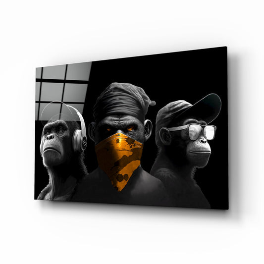 3 Wise Monkeys Chrome Edition Glass Wall Art || Designer Collection