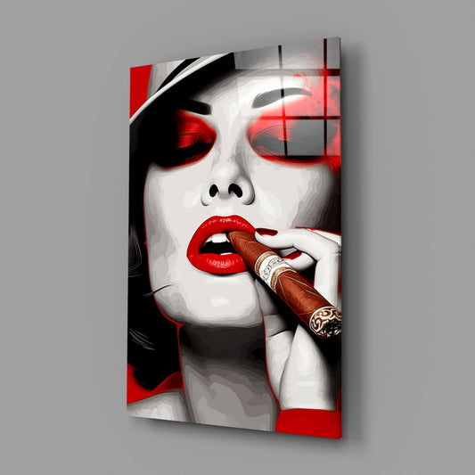 White Hat Red Lips Cigar Lady Glass Wall Art