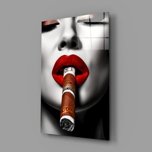 Money Wrapped Cigar Red Lips Glass Wall Art