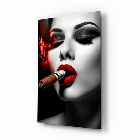 Red Smoke Closed Eyes Cigar Woman Glass Wall Art