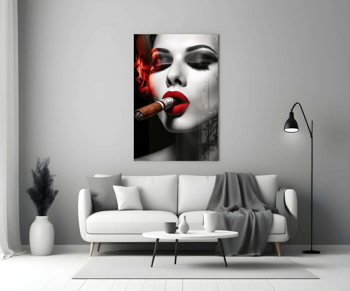 Red Smoke Closed Eyes Cigar Woman Glass Wall Art Otarealm