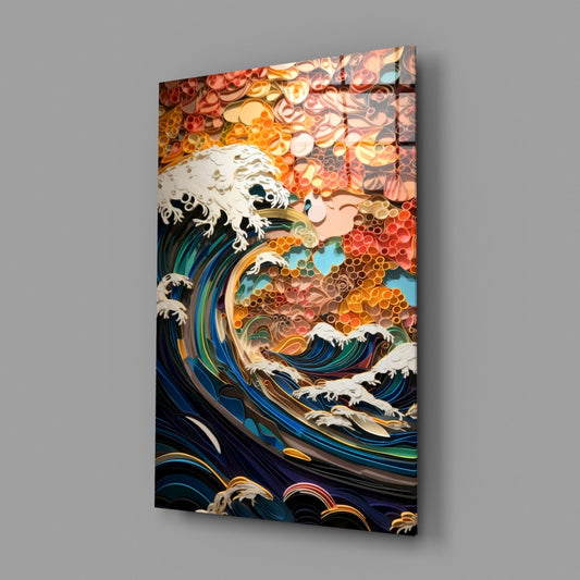 Coral Sunset Quilled Ocean Wave Glass Wall Art