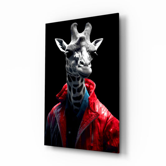 Red Leather Jacket Giraffe Glass Wall Art