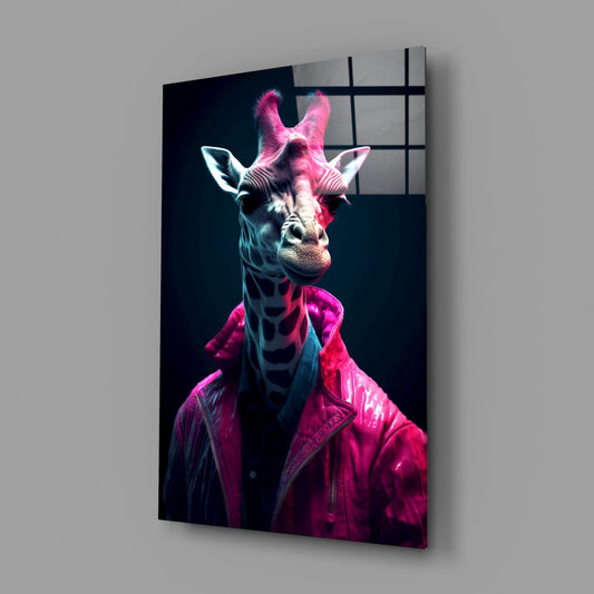 Neon Pink Jacket Giraffe Glass Wall Art