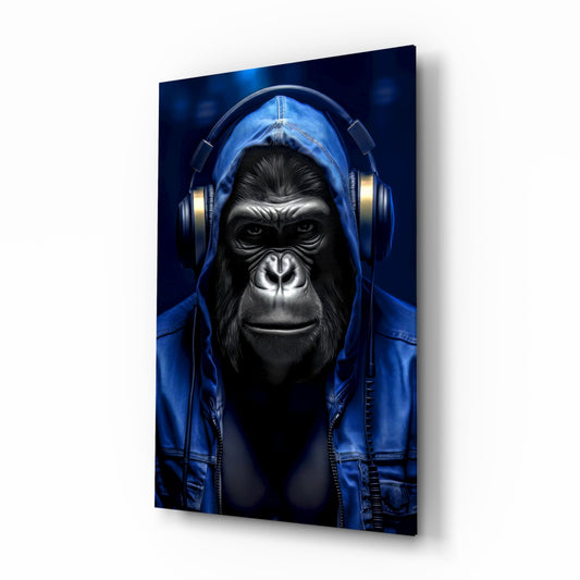 Blue Hoodie Headphones Gorilla Glass Wall Art
