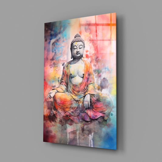 Watercolor Splash Meditating Buddha Glass Wall Art