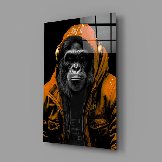 Orange Hooded Gorilla Headphones Glass Wall Art