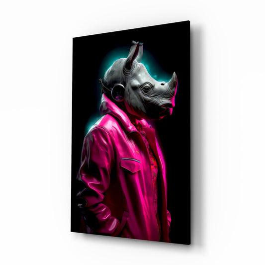 Pink Coat Rhino Neon Glow Glass Wall Art