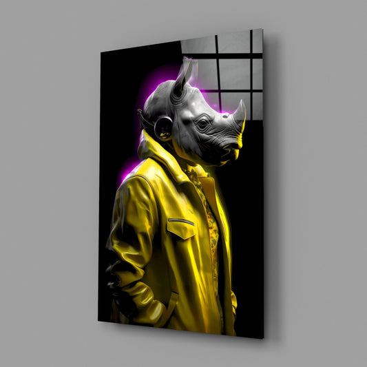 Yellow Coat Rhino Purple Glow Glass Wall Art