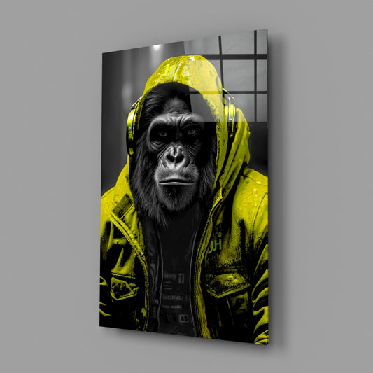 Yellow Raincoat Headphone Gorilla Glass Wall Art