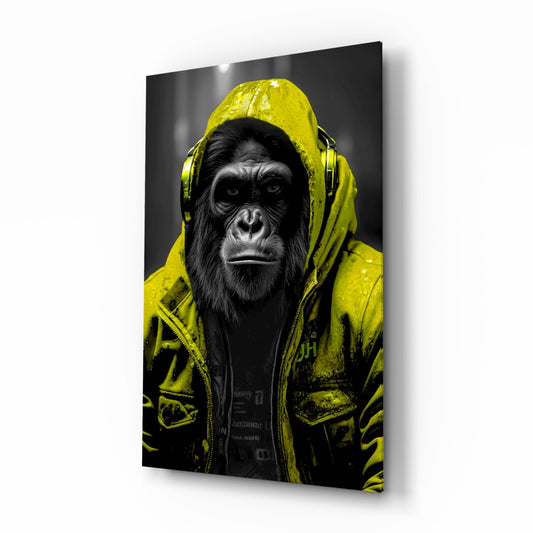 Yellow Raincoat Headphone Gorilla Glass Wall Art