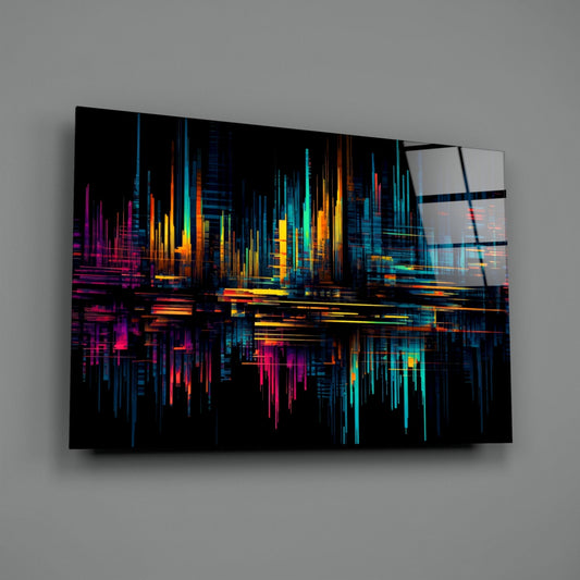 Neon Skyline Light Streaks Glass Wall Art