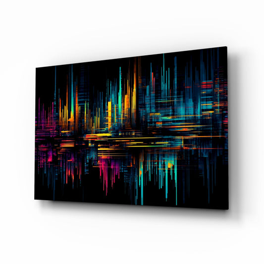 Neon Skyline Light Streaks Glass Wall Art