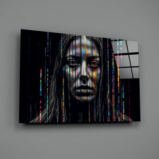Glitch Stripes Woman Portrait Glass Wall Art