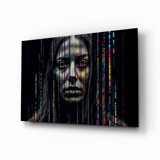 Glitch Stripes Woman Portrait Glass Wall Art