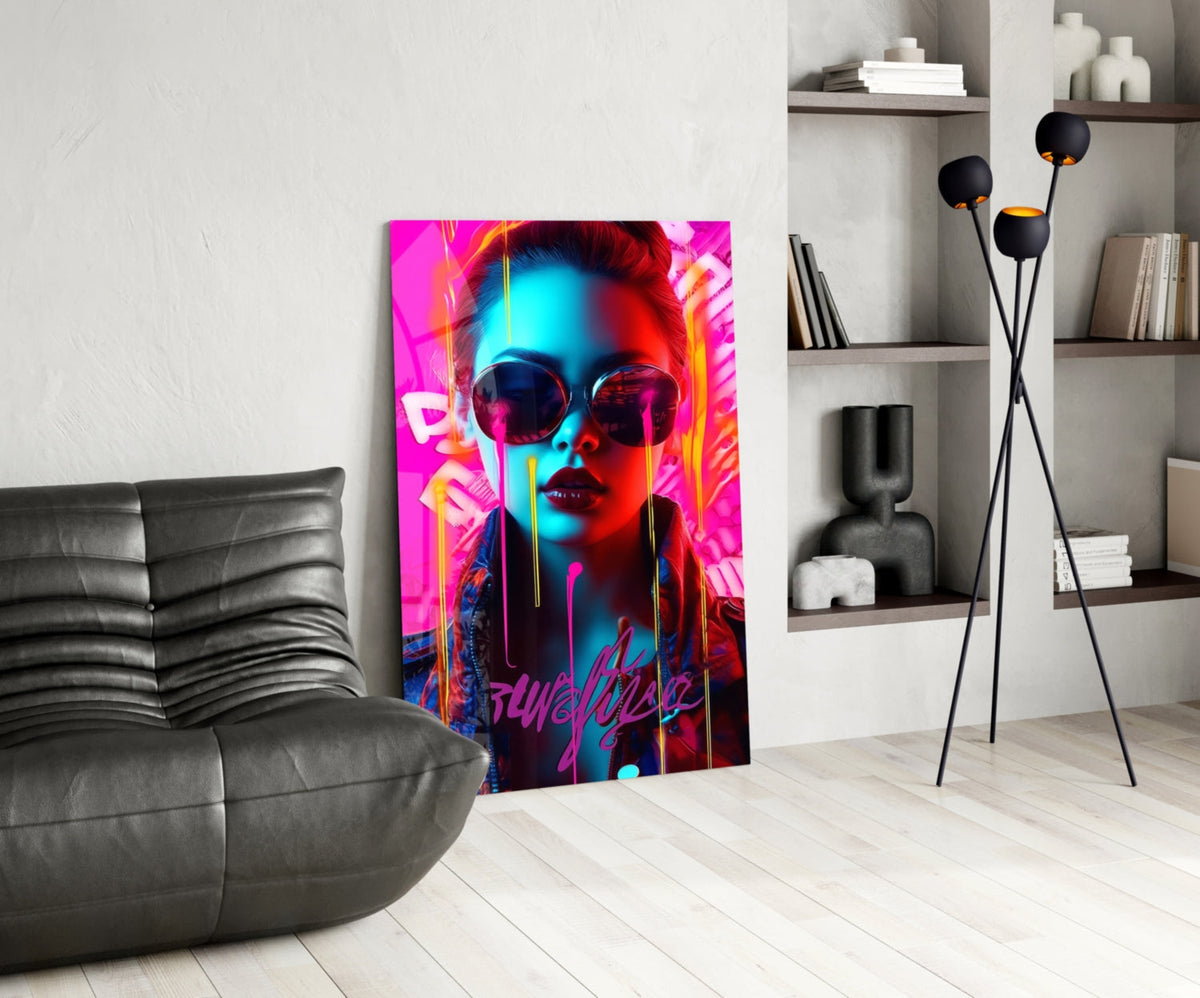 Pink Graffiti Drip Woman Glass Wall Art