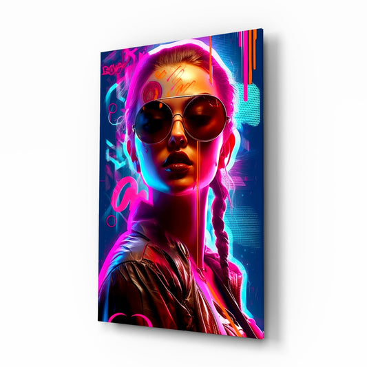 Braided Neon Aviator Woman Glass Wall Art