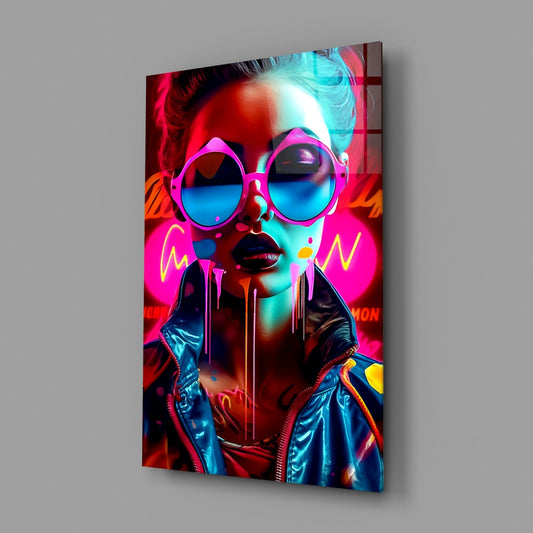 Pink Round Glasses Neon Woman Glass Wall Art