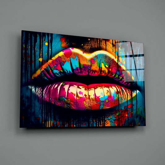 Rainbow Splatter Glossy Lips Glass Wall Art
