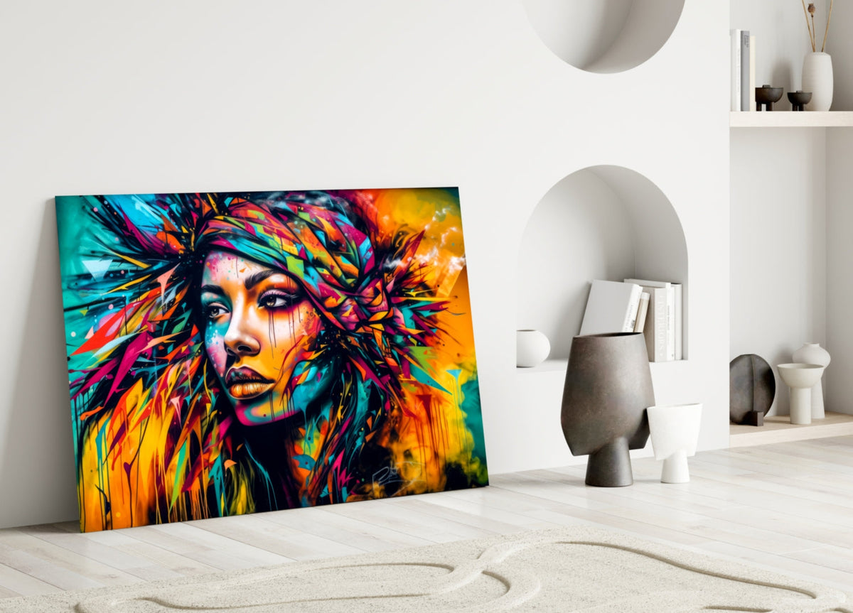 Neon Headwrap Feathered Woman Glass Wall Art