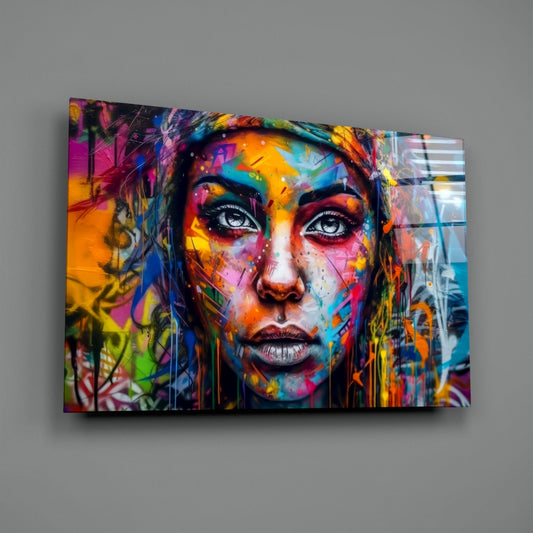 Wide Eyed Paint Splash Woman Glass Wall Art