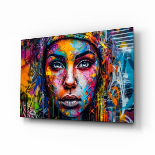 Wide Eyed Paint Splash Woman Glass Wall Art