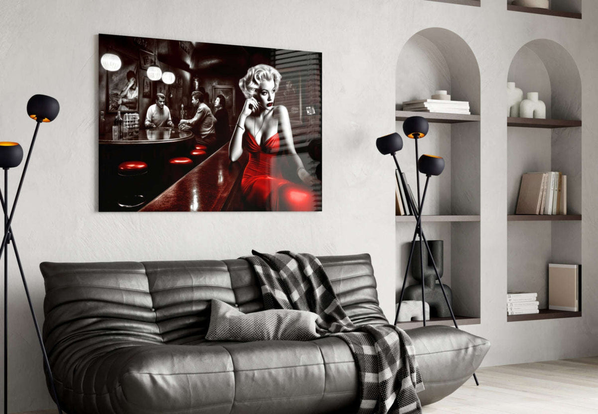 Red Dress Blonde on Bar Stool Glass Wall Art Otarealm