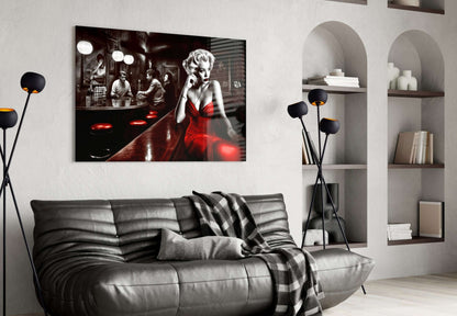 Red Dress Blonde on Bar Stool Glass Wall Art Otarealm