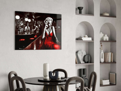 Red Dress Blonde on Bar Stool Glass Wall Art Otarealm