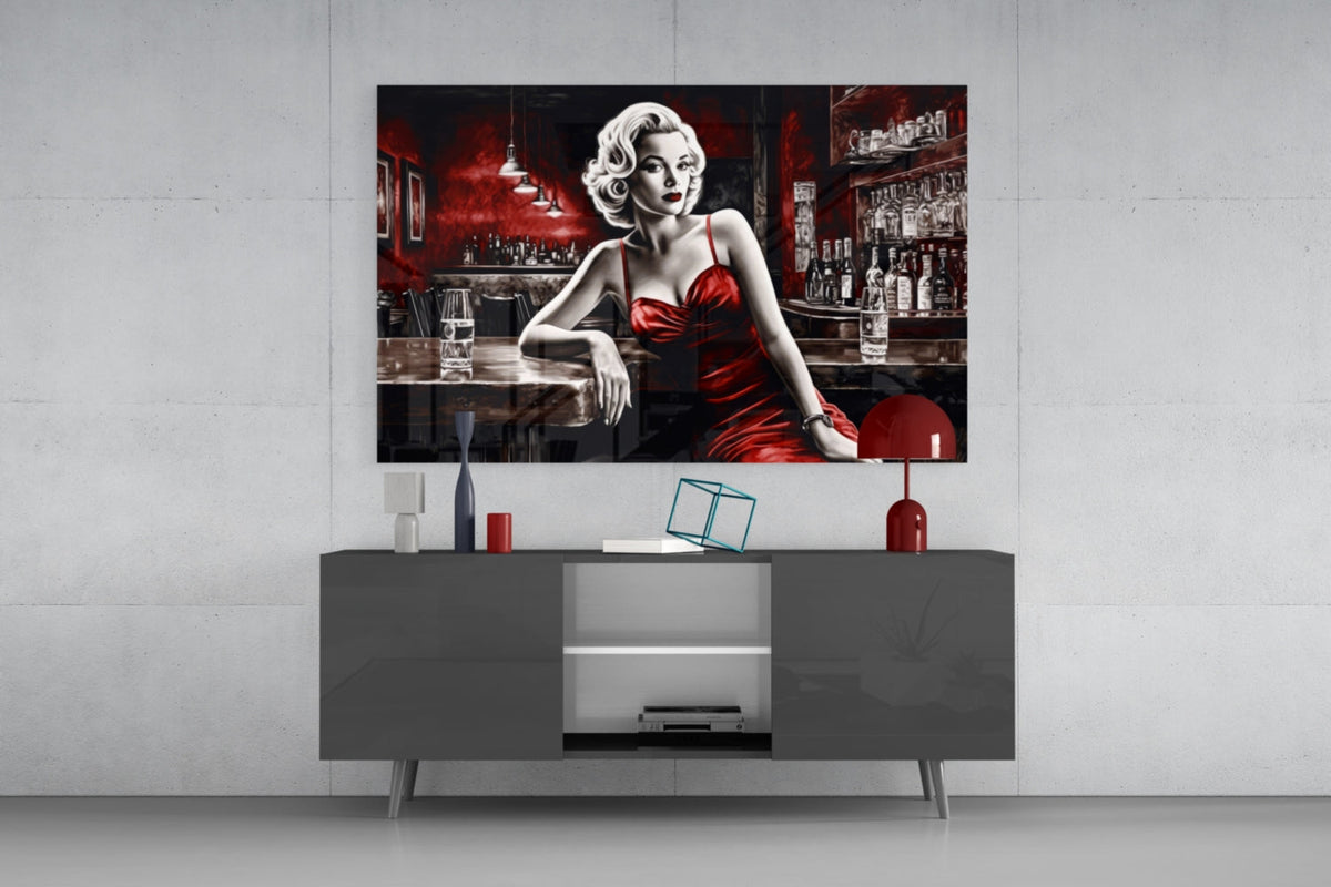 Red Satin Blonde Leaning on Bar Glass Wall Art