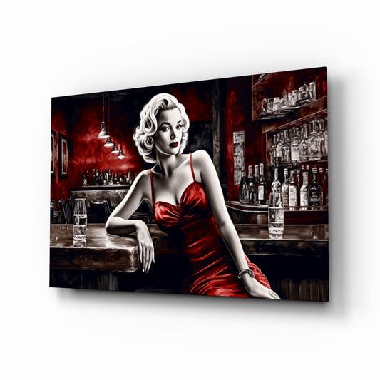 Red Satin Blonde Leaning on Bar Glass Wall Art