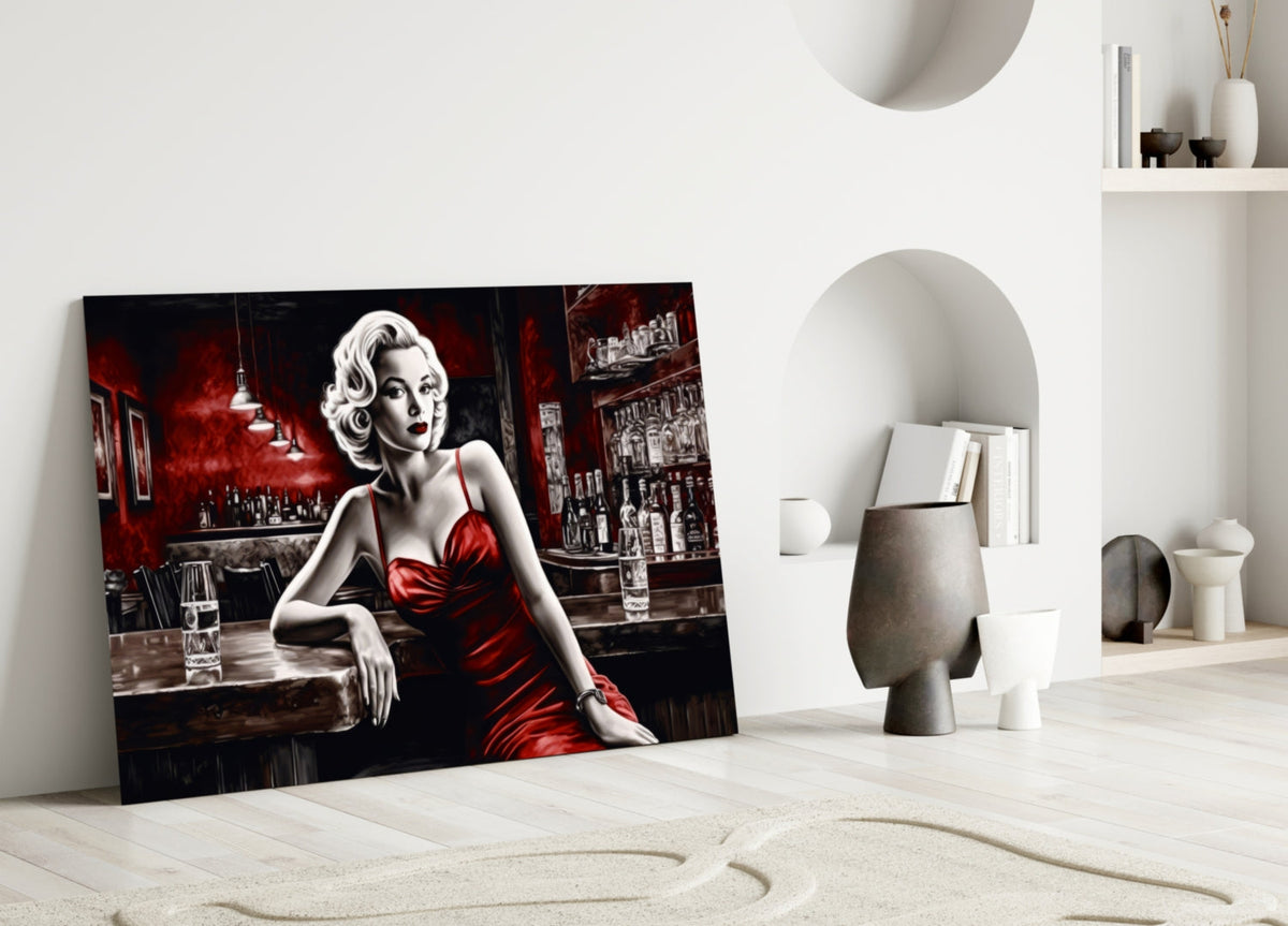 Red Satin Blonde Leaning on Bar Glass Wall Art