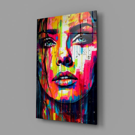 Colorful Drip Tilted Gaze Woman Glass Wall Art