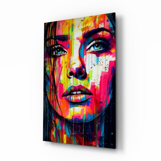 Colorful Drip Tilted Gaze Woman Glass Wall Art