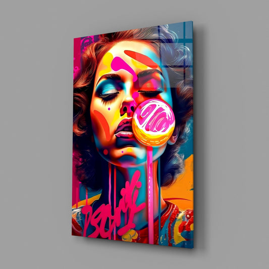 Dripping Pink Lollipop Graffiti Woman Glass Wall Art