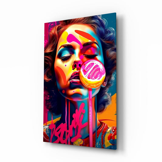 Dripping Pink Lollipop Graffiti Woman Glass Wall Art