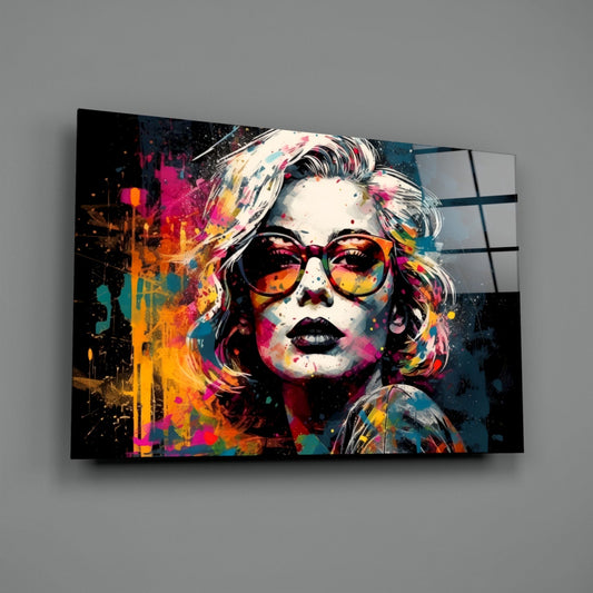 Dark Navy Backdrop Red Glasses Woman Glass Wall Art