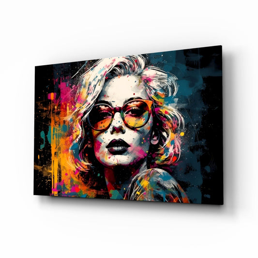 Dark Navy Backdrop Red Glasses Woman Glass Wall Art